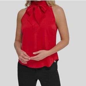 Tommy Hilfiger Red Silky Sleeveless Top w/ Self-tie Bow- NWT